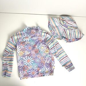 UV Skinz Rashguard And‎ Hat Girls Size 5 Pastel Rainbow Beach Outdoor Floral